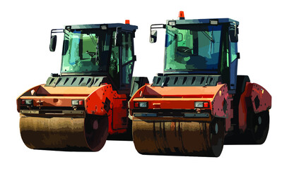 Two road rollers are parallel to each other. Steamrollers for asphalting roads isolated on white background. Vector. Illustration. 3d.