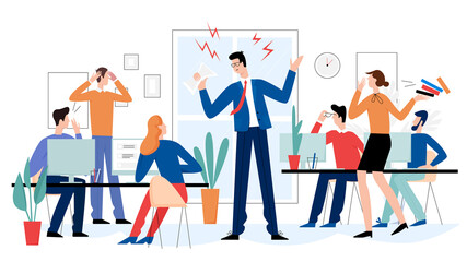 Angry boss in office flat vector illustration. Frightened employees shocked by furious top manager. Stressed vector cartoon characters. Missing deadlines concept