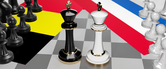 Belgium and Netherlands - talks, debate, dialog or a confrontation between those two countries shown as two chess kings with flags that symbolize art of meetings and negotiations, 3d illustration