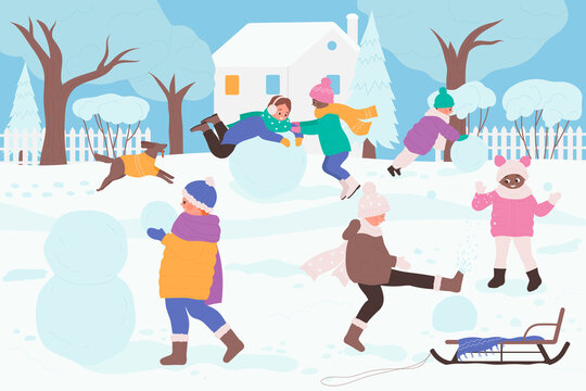 Kids play in winter snowy park, make snowman vector illustration. Cartoon boy girl friends characters playing game, child rolling snow balls and jumping. Winter season fun activity concept background
