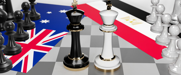 Australia and Egypt - talks, debate, dialog or a confrontation between those two countries shown as two chess kings with flags that symbolize art of meetings and negotiations, 3d illustration