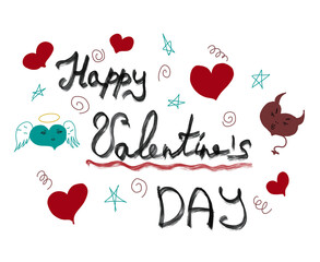 happy Valentine's day lettering with hearts, stars. angel, devil. Poster design. Love poster. Postcard design.