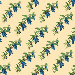  Seamless pattern of Honeysuckle twig with green leaves. Honeysuckle berries.