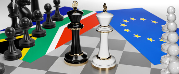 South Africa and EU Europe - talks, debate, dialog or a confrontation between those two countries shown as two chess kings with flags that symbolize art of meetings and negotiations, 3d illustration