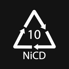 Battery recycling code 10 NiCD . Black Vector illustration