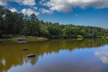Fototapeta na wymiar a gorgeous shot of the still green lake water surrounded by lush green and autumn colored trees with blue sky and clouds at Duncan Park in Fairburn Georgia USA