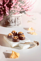 Chocolate pralines with walnut nuts on marble cutting board. Closeup on candy. Autumn arrangement with dry Fall ginkgo leaves, dry bunny grass. Natural sunlight, long shadows. Pink heather flower pot.