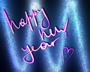 Abstract white blue shimmer background with new year neon greeting 