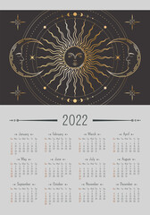 Vector vertical year 2022 calendar with magical ornate golden sun and crescents with sleeping faces, moon phases and stars. A3, A2 wall poster with mystic outline illustration in boho style