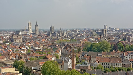 Fototapeta na wymiar Aerial view on the historical center of the city of Ghent, Flanders, Belgium, showing the famous three towers