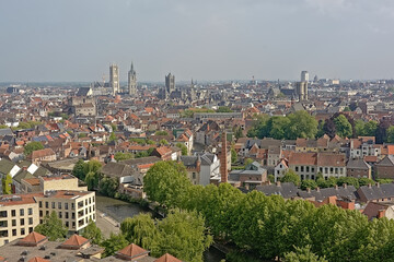 Fototapeta premium Aerial view on the historical center of the city of Ghent, Flanders, Belgium, showing the famous three towers