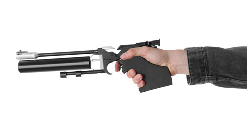Gun shooting sport. Man aiming standard pistol on white background, closeup