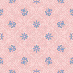 Delicate Christmas seamless vector pattern with lace snowflakes and circles on pink background. Great for greeting cards, Christmas and New Year cards, invitations and wrapping paper.