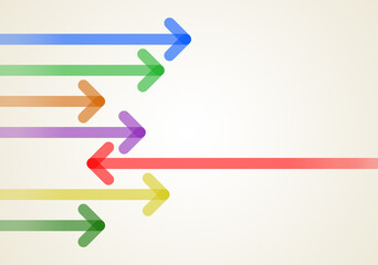 Red arrow pointing opposite direction (left) than a group of colorful arrows (right). Abstract individuality, majority and minority infographic concept template.