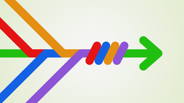 Colorful Lines Tied Up And Merging Into A Green Arrow. Abstract Business Infographic Template.Concept Of Connection, Cooperation, Unity And Teamwork. 4k Resolution.