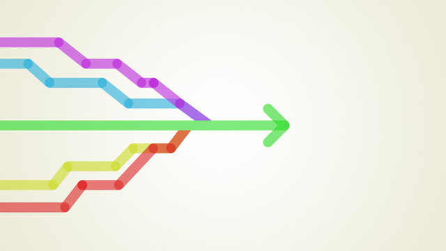 Colorful lines merge into a green arrow. Abstract business infographic template.Concept of connection, cooperation, unity and teamwork. 4k resolution.