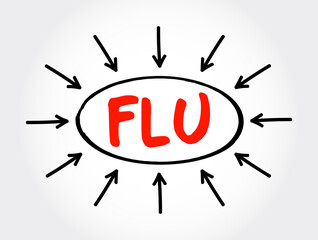 Flu text with arrows - infectious disease caused by influenza viruses, health concept background