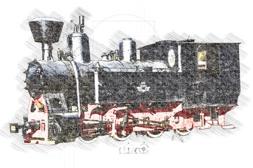 Train illustration - steam train Mocanita from Romania, town Viseu de Sus - locomotive - obrazy, fototapety, plakaty