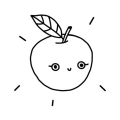 Cute line kawaii green apple with a leaf smiling with eyes. Cute childish fruit. Isolated line fully editable illustration on white background.