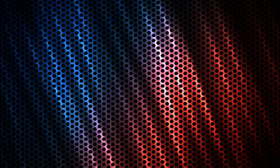 Dark hexagon tech colorful sport background with carbon fiber. Technology honeycomb abstract vector background with red and blue colored bright flashes. Hexagonal gaming background.