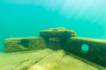 Bow of the sunken wooden schooner Bermuda from the deck