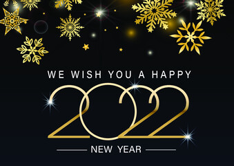 New Year and Christmas vector background with golden snowflakes on a dark background and gold lettering. A wonderful pattern of snow Sparks. Shining snowfall. Winter sky. Design for the banner.EPS 10.