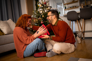 Young couple in love sitting on a sofa next to a Christmas tree. The guy gives the woman a gift for the new year