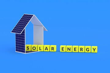 Photovoltaic panels in form of house near cubes with inscription solar energy on blue background. Installation of power plants. Green electricity. 3d render