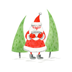 Santa Claus with cup of tea, cocoa, snow and Christmas tree. Watercolor greeting card.
