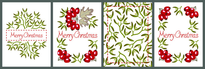Red hawthorn berries and mistletoe sprigs arranged in the form of frames and background. Suitable for social media post, banner design, greeting cards. 