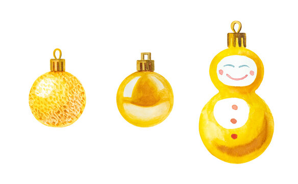 Watercolor Vintage Set Christmas, New Year Yellow Gold Ornament Ball, Shiny Ball And Man On Isolated White Background