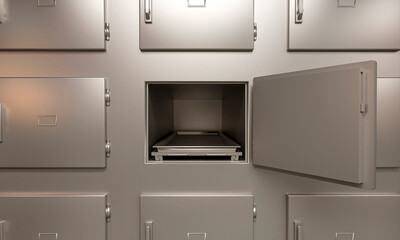 one door open of nine drawer on autopsy room scene
