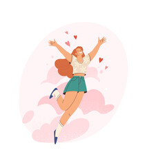Woman in love. Vector cartoon illustration of young cartoon woman in summer outfit jumping high in happiness in the sky with clouds. Trendy flat style.