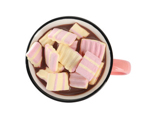Cup of delicious hot chocolate with marshmallows isolated on white, top view