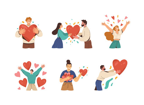 People in love collection. Vector cartoon flat illustration of diverse cartoon young people in different actions of happiness and love sharing. Isolated on white