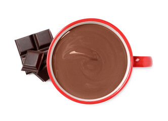 Yummy hot chocolate in red cup on white background, top view