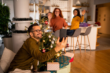 Young people have fun during the New Year holidays. Concept of the Christmas holidays.