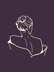 Line art girl with her back turned on a rich dark purple background, a picture with an atmosphere of sexuality and luxury