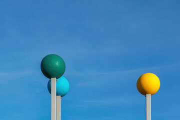 LED street lamps on a blue sky background close-up.