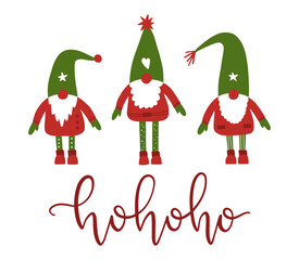 Hand drawn Christmas gnomes. Ho ho ho lettering