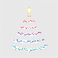 Abstract Christmas tree illustration made with rainbow dots on grey background. Colorful and simple Xmas tree with star on top made with circular shapes. Winter holidays concept.