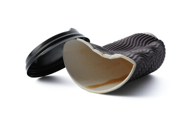 Crumpled paper coffee cup with and lid isolated on white