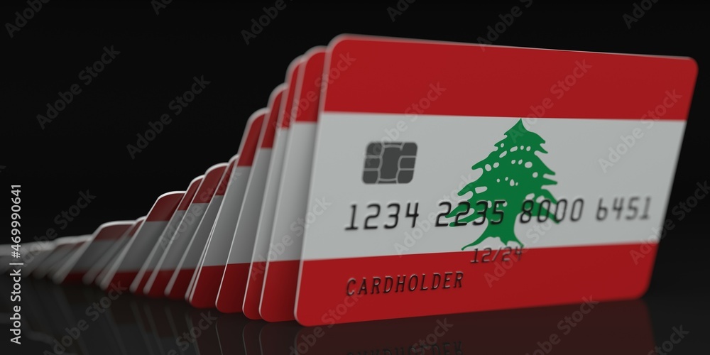 Poster domino effect, fallen credit cards with flags of lebanon. fictional data on card mockups. banking co