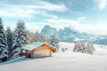 Picturesque landscape with small wooden log cabin on meadow Alpe di Siusi on winter time. Seiser Alm, Dolomites, Italy. Snowy hills with orange larch and Sassolungo and Langkofel mountains group - obrazy, fototapety, plakaty