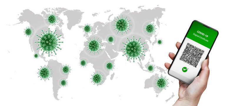green pass covid-19 vaccination concept. Hand holds smartphone with qr code digital vaccine certificate on screen. isolated on white background with geographical map world and corona virus green icon - Powered by Adobe