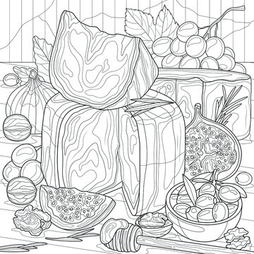 Cheese with figs, walnuts and grapes.
Coloring book antistress for children and adults. Illustration isolated on white background.Zen-tangle style. Hand draw