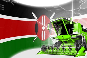 Digital industrial 3D illustration of green advanced grain combine harvester on Kenya flag - agriculture equipment innovation concept