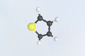 Molecule of thiophene, isolated molecular model. 3D rendering