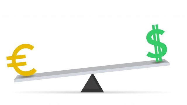 Euro vs Dollar, leverage animation. US Dollar versus EU Europe, loop motion. Exchange USD EUR icon, symbols unbalance on scale. Up dawn, rate pair currency. Money weights Finance, technology, economy 