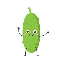 Cucumber hand greeting cute character cartoon funny vegetable smiling face joy happy emotions icon vector illustration.